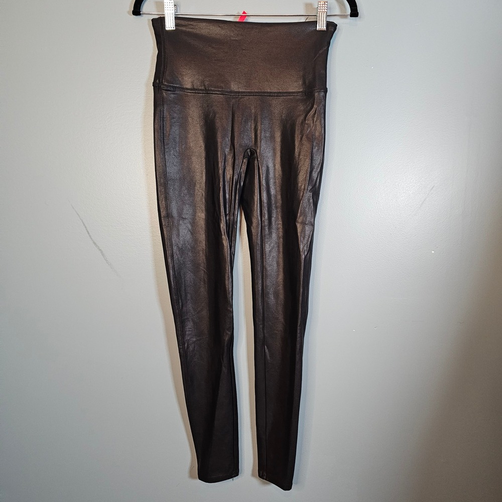 SPANX Faux Leather Leggings Black High Waist Shiny Stretch Women's Size L